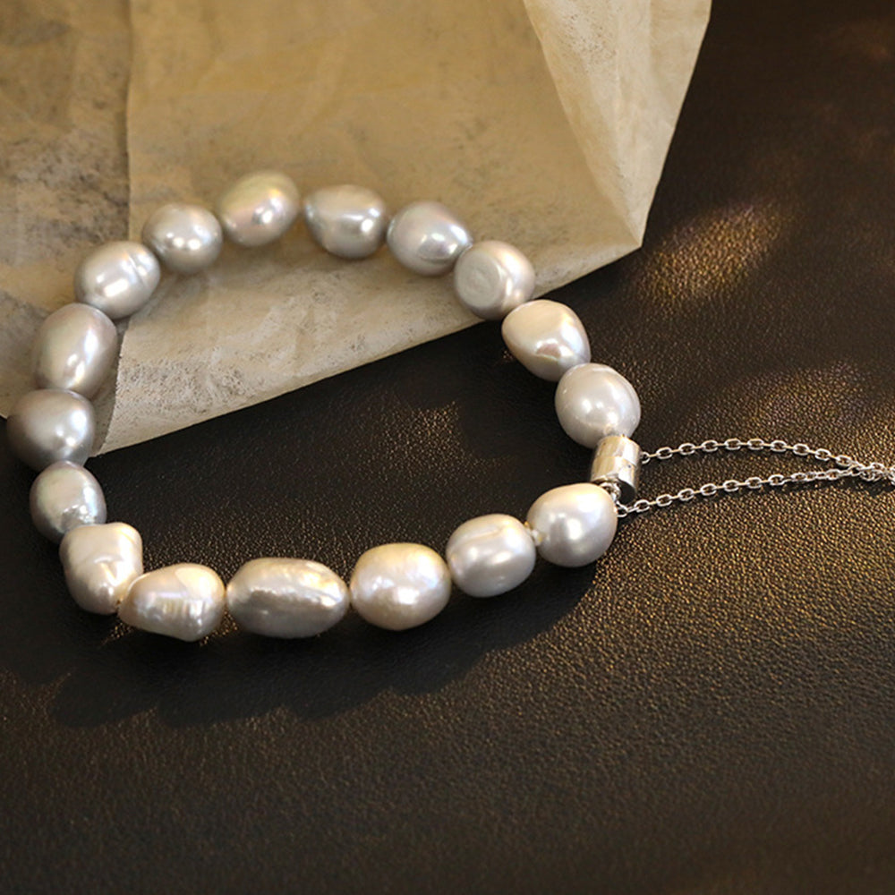 Real Natural White Freshwater Baroque Pearl Charm Bracelet