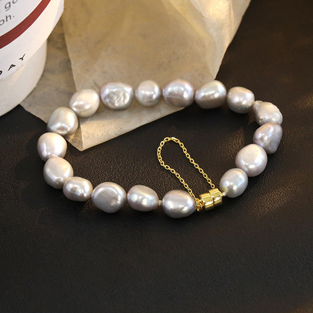 Real Natural White Freshwater Baroque Pearl Charm Bracelet