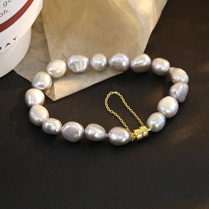 Real Natural White Freshwater Baroque Pearl Charm Bracelet