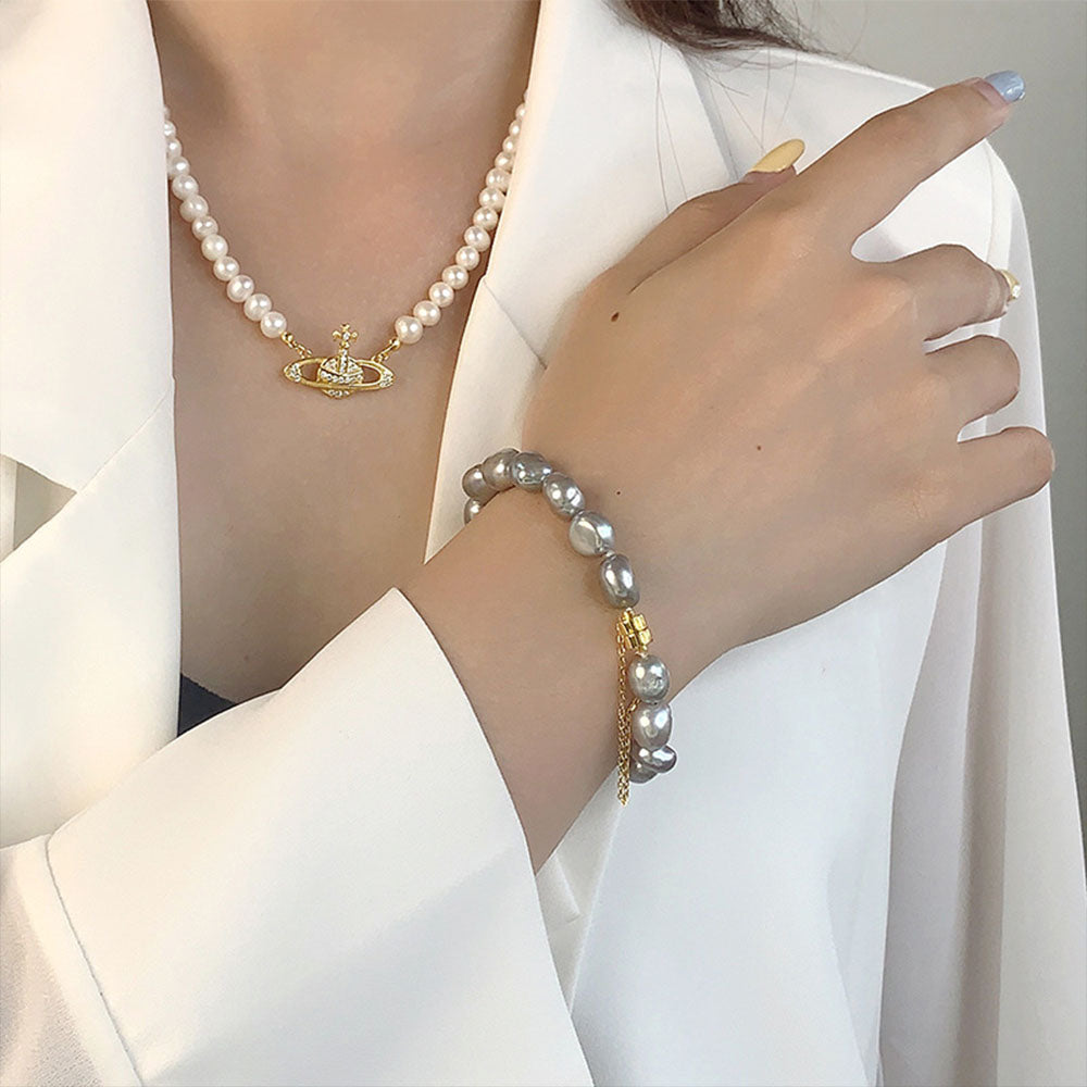 Real Natural White Freshwater Baroque Pearl Charm Bracelet