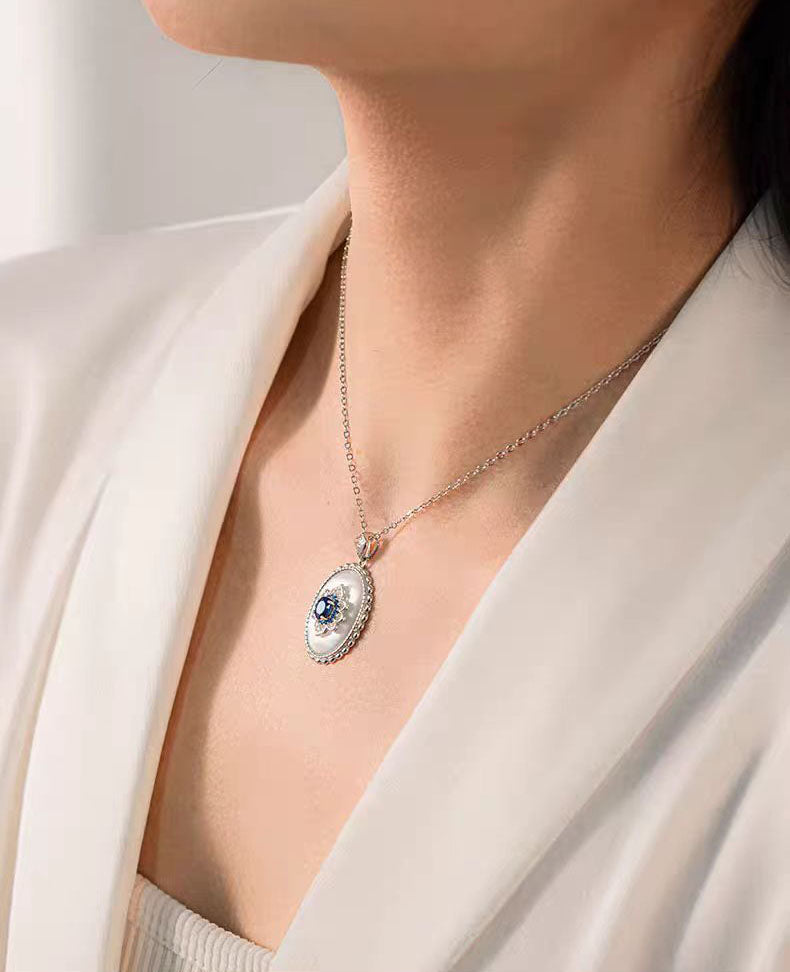 S925 Silver Mother of Pearl Sapphire Pendant Necklace Retro design