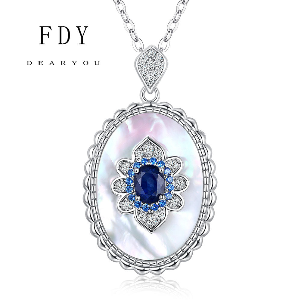 S925 Silver Mother of Pearl Sapphire Pendant Necklace Retro design