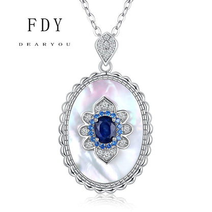 S925 Silver Mother of Pearl Sapphire Pendant Necklace Retro design