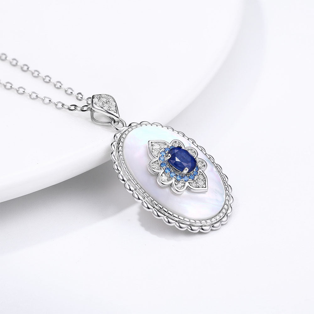S925 Silver Mother of Pearl Sapphire Pendant Necklace Retro design