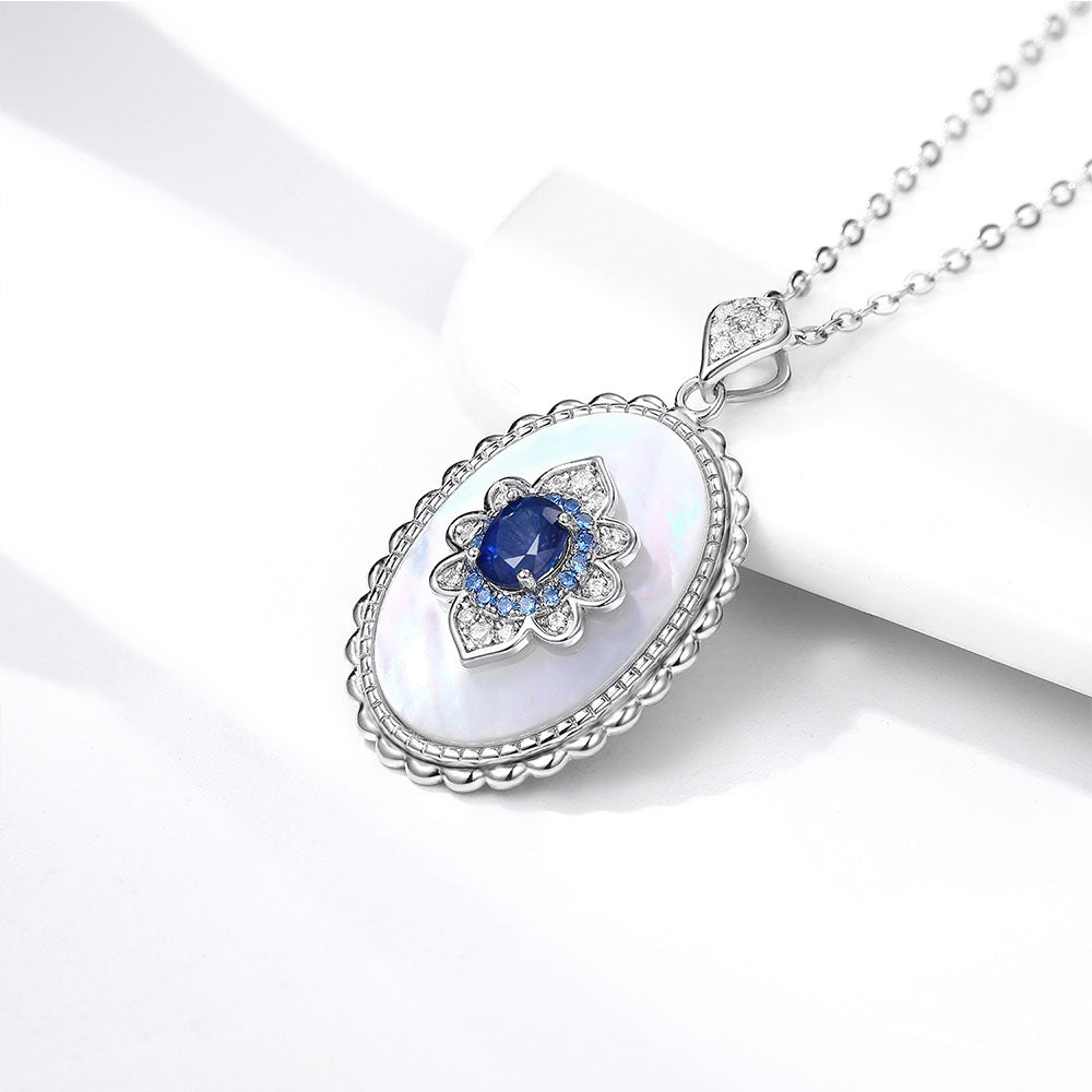 S925 Silver Mother of Pearl Sapphire Pendant Necklace Retro design