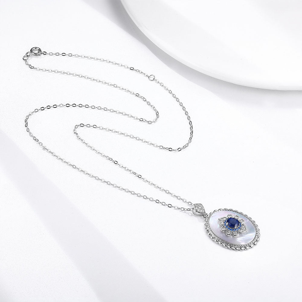 S925 Silver Mother of Pearl Sapphire Pendant Necklace Retro design