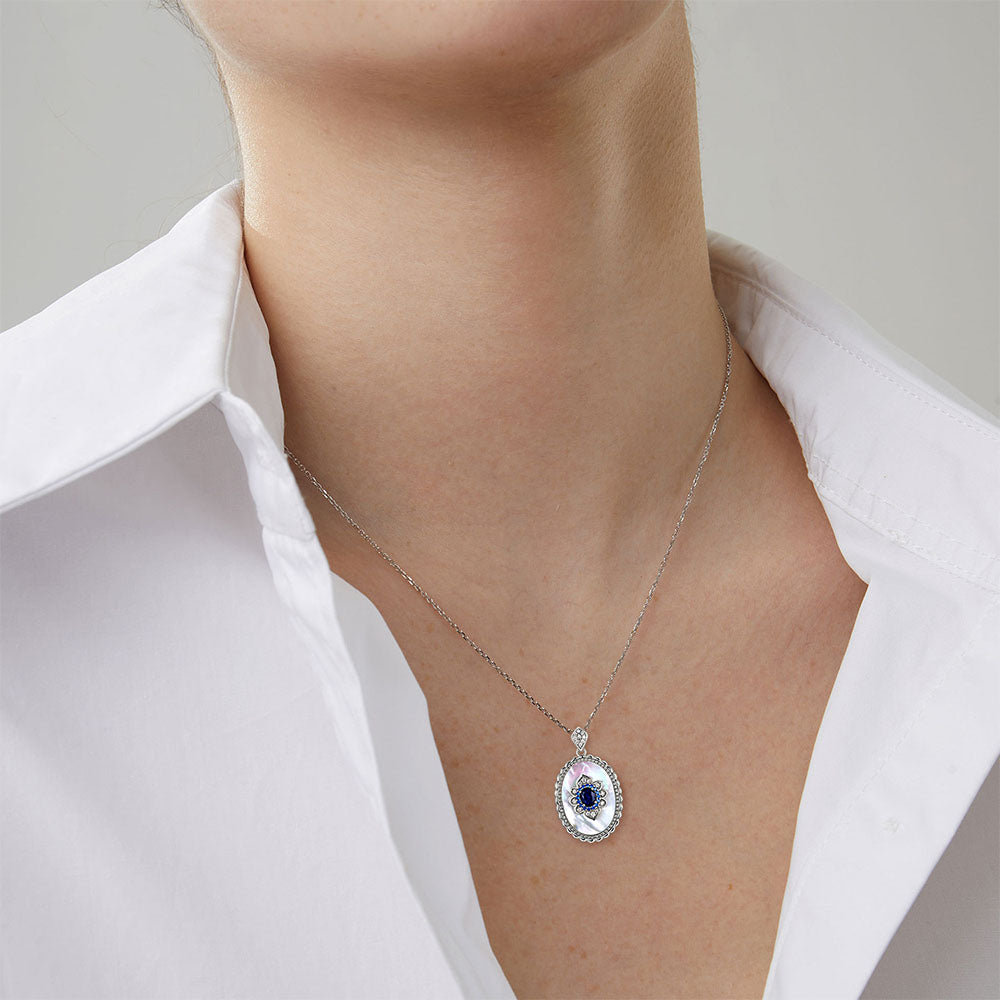 S925 Silver Mother of Pearl Sapphire Pendant Necklace Retro design