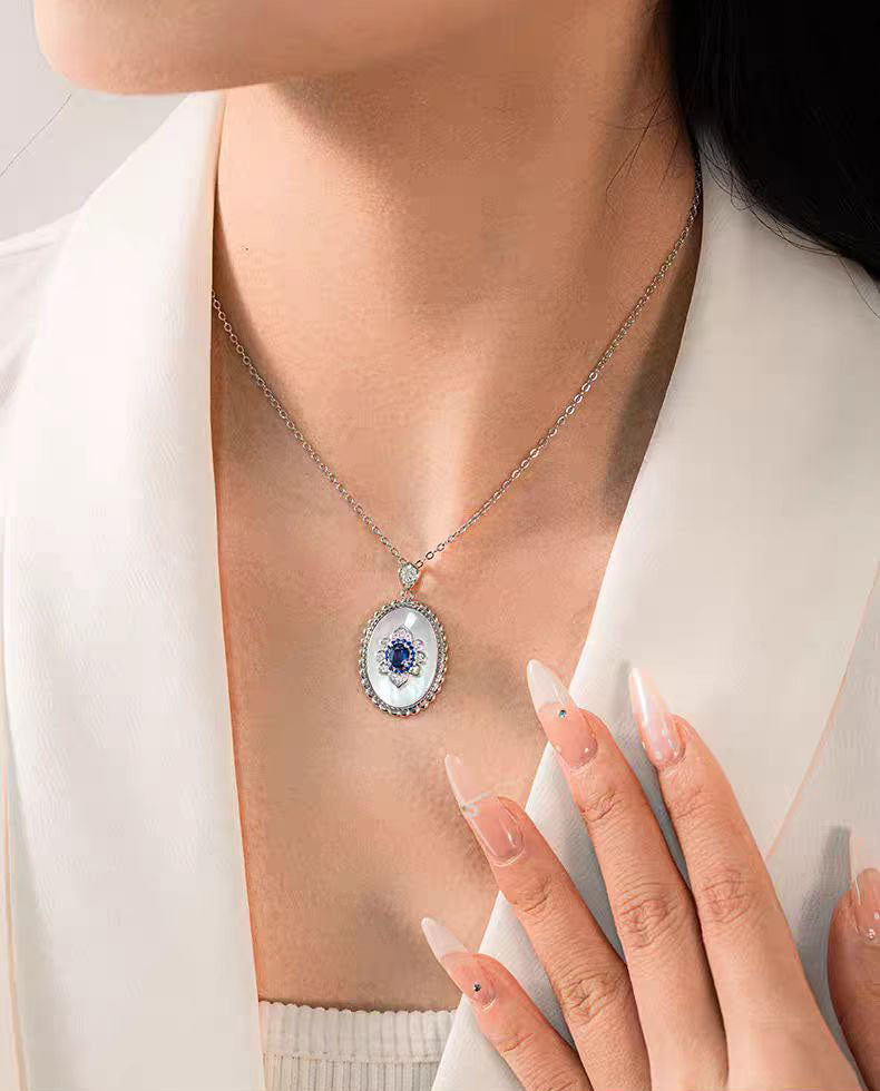 S925 Silver Mother of Pearl Sapphire Pendant Necklace Retro design