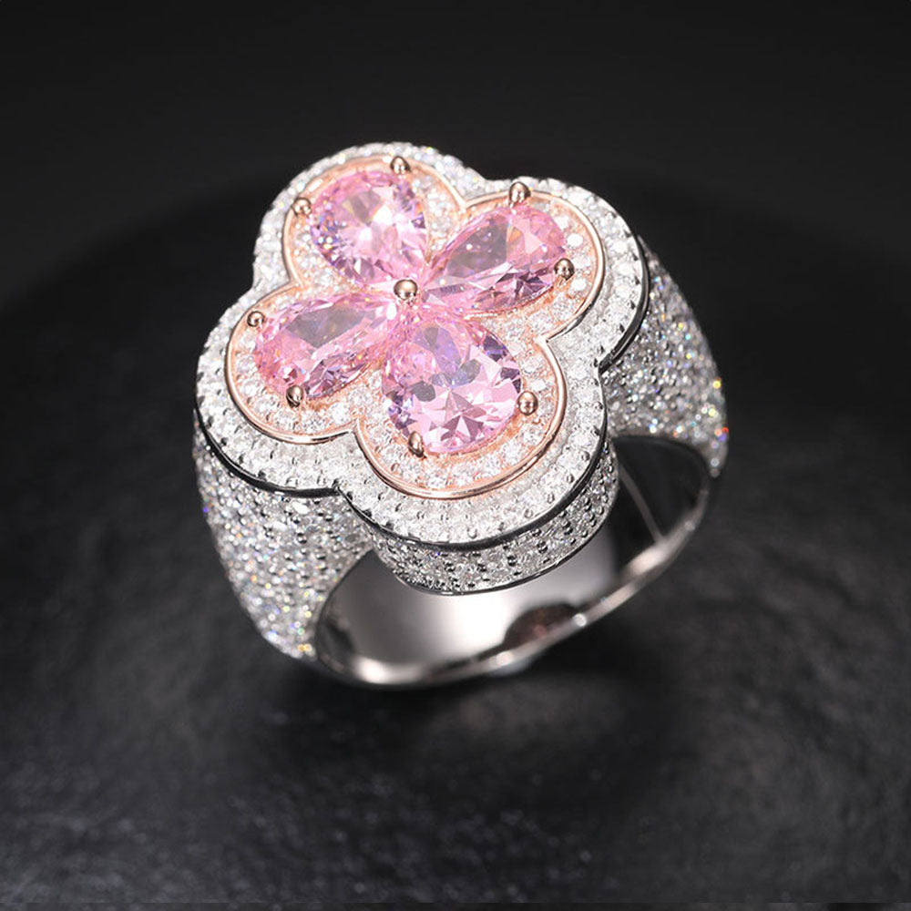 S925 Silver Zircon Rings of Pink Flower Diamond